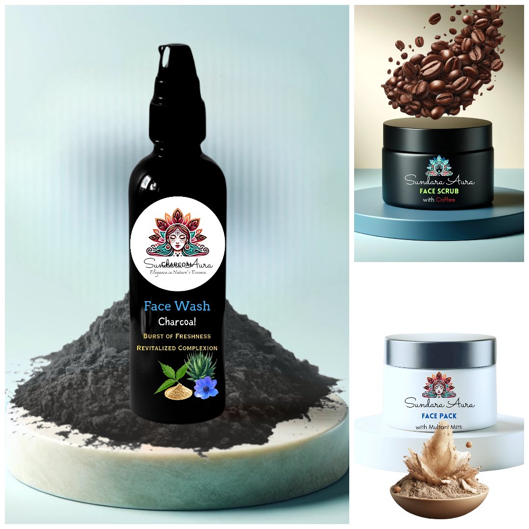 Charcoal Detox Face Wash , Coffee Energize Face Scrub , Earthen Glow Multani Mitti Face Pack - Sundara Aura