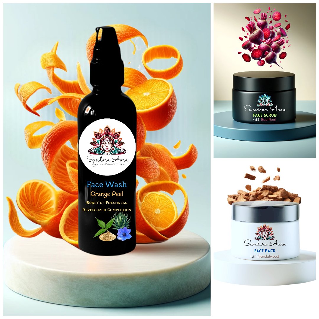 Orange Peel Radiance Face Wash, Beetroot Radiance Face Scrub, Sandalwood Serenity Face Pack - Sundara Aura